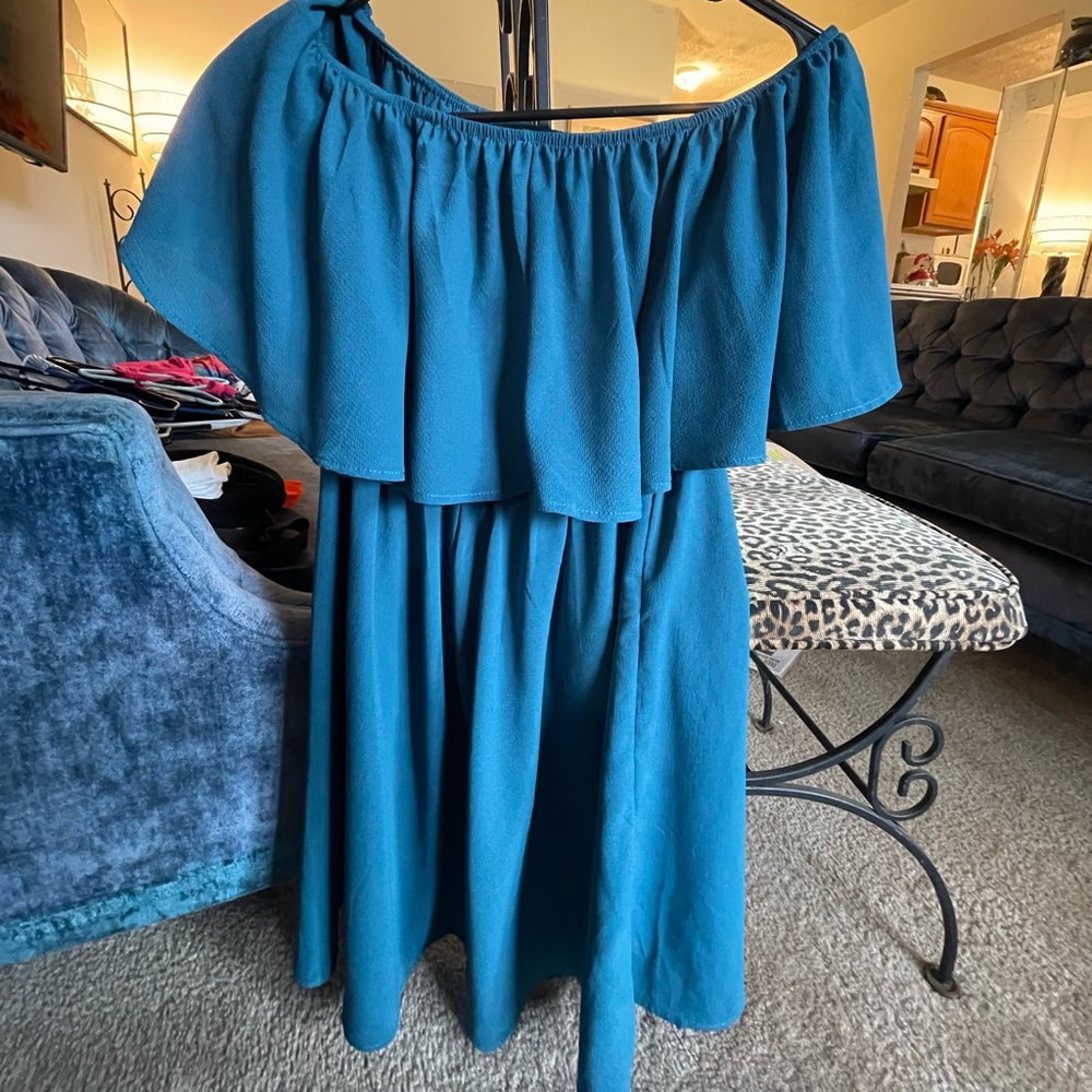 TEAL CHIFFON OFF THE SHOULDER SUMMER DRESS